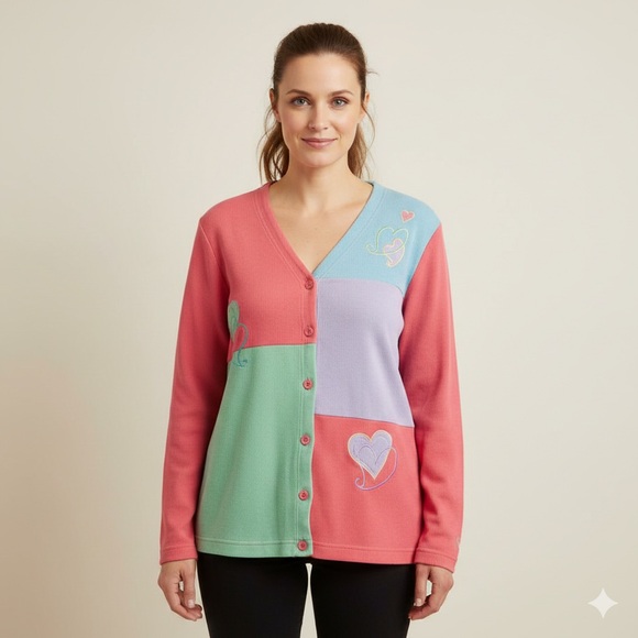 Blair Sweaters - Vintage 90s Womens Cardigan Large‎ Cottage Core Valentines Embroidered Hearts